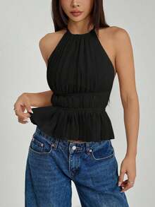 Top de tirantes sin espalda con cuello de halter y cintura anudada plisada para mujer - Negro - Ver 9