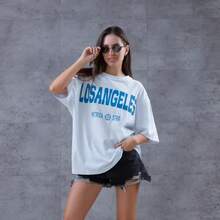 Camiseta de manga corta 100% algodón puro, elegante y con estilo, novedad de verano 2025, estilo americano, moderna, casual y cómoda, con estampado de letras. - Negro - Ver 2