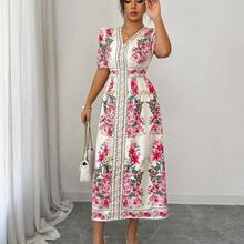 Women's Boho Hot Pink Floral Print A Line V Neck Puff Half Sleeve Midi Dress - Rosa Fucsia - Ver 5
