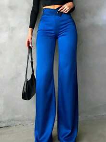 Pantalones rectos de satén de cintura alta para mujer, aptos para uso diario, oficina, traslados, hogar, citas, pequeñas fiestas y eventos sociales ligeros.Color: Negro.Temporada: Primavera - Azul - Ver 7