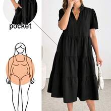 Shapeblank Vestido midi negro básico de manga corta, cómodo y suelto, para uso diario y versátil, de moda casual para mujer talla grande, vestido de verano con bolsillos, vestido elegante - Caqui - Ver 2