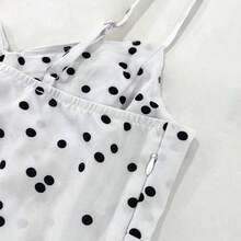 Women's Vintage White Polka Dot V-Neck Ruched Dress With Floral Decor, Tiered Bubble Hem, Elegant French Style For Beach, Party, Music Festival, Valentine's Day, Date, Casual Romantic Mini Dress - Negro - Ver 6