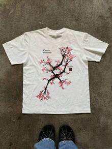 100% Cotton Women's Casual T-Shirt With Cherry Blossom Print And Round Neck, Made Of 100% Pure Cotton Fabric, Soft And With A Natural Drape, Suitable For Daily Wear, Office, School, Vacation, Camping, Versatile Style, Short Sleeves Make Your Summer More Vibrant And Colorful. - 白色 - 查看 6