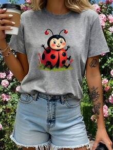 This Is A Printed T-Shirt With A Cartoon Ladybug Design, Adorned With Red Polka Dots And Black Details. The Fabric Is Soft And Breathable, Machine Washable, And Comfortable To Wear In All Seasons. - Gris - View 6
