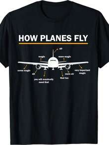 Camiseta gráfica "Cómo vuelan los aviones" para hombres y mujeres - Diseño divertido de ingeniería aeroespacial con ilustración de avión, 100% algodón, lavable en máquina, negro, perfecta para uso casual o regalo, camiseta de uso diario |     Camiseta gráfica divertida |     Tejido de estiramiento medio - Negro - Ver 1