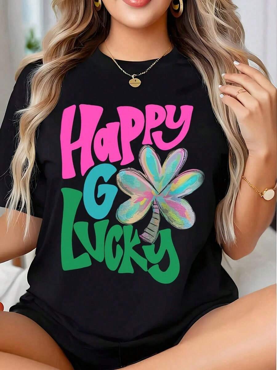 One Happy Go Lucky St. Patrick's Day T-Shirt With A Colorful Shamrock Design For Festive Celebrations. It's A Perfect Gift For Friends And Family On Any Holiday Or Special Occasion. 180g 100% Cotton. - 黑色 - 查看 1