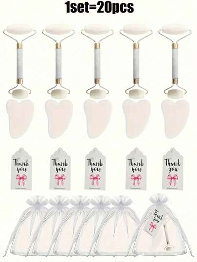 Set de regalo de 4/20 piezas de herramientas de cuidado facial y masaje spa, kit de belleza multipieza que incluye 5 rodillos de jade, 5 herramientas gua sha, 5 bolsas de gasa en polvo blanco, 5 etiquetas de tarjeta - Set de masaje facial para invitados de boda y fiesta