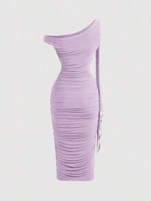 Vestido de longitud media con hombro asimétrico ajustado, fruncido y decoración de hebilla metálica para mujer - Lila Púrpura - Ver 2