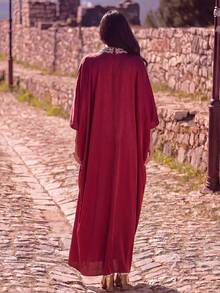 Faeriesty Hochwertiges Abendkleid, Stehkragen Fledermausärmel Design, luxuriöses Bankett-Kleid, geeignet als Hochzeitsgast-Outfit für Partys - Bordeaux - Übersicht 3