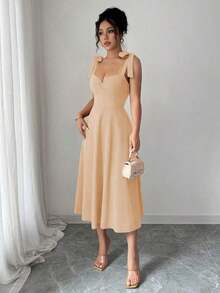 elegante y romántico para mujer con lazo decorativo en la cintura y corte evasé sin mangas - Albaricoque - Ver 5