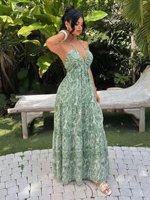 Đầm maxi nữ màu xanh lá cây kiểu boho in hoa điều, cổ chữ V sâu, xếp tầng, vạt bèo nhún, thích hợp cho kỳ nghỉ hè, đi biển hoặc dự tiệc thanh lịch. - màu xanh lá - Xem 2