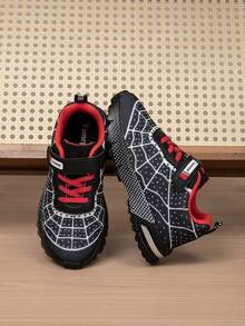 Kids Spider Web Breathable Sports Shoes, Black & Red Contrast Pattern Hook And Loop, Unisex Design Fits All Foot Types, Comfortable Breathable Wear Year-Round, Closure For Easy Wear, Casual Sneakers - Black - View 2