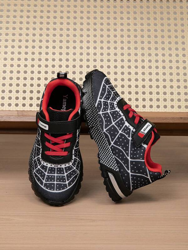 Kids Spider Web Breathable Sports Shoes, Black & Red Contrast Pattern Hook And Loop, Unisex Design Fits All Foot Types, Comfortable Breathable Wear Year-Round, Closure For Easy Wear, Casual Sneakers