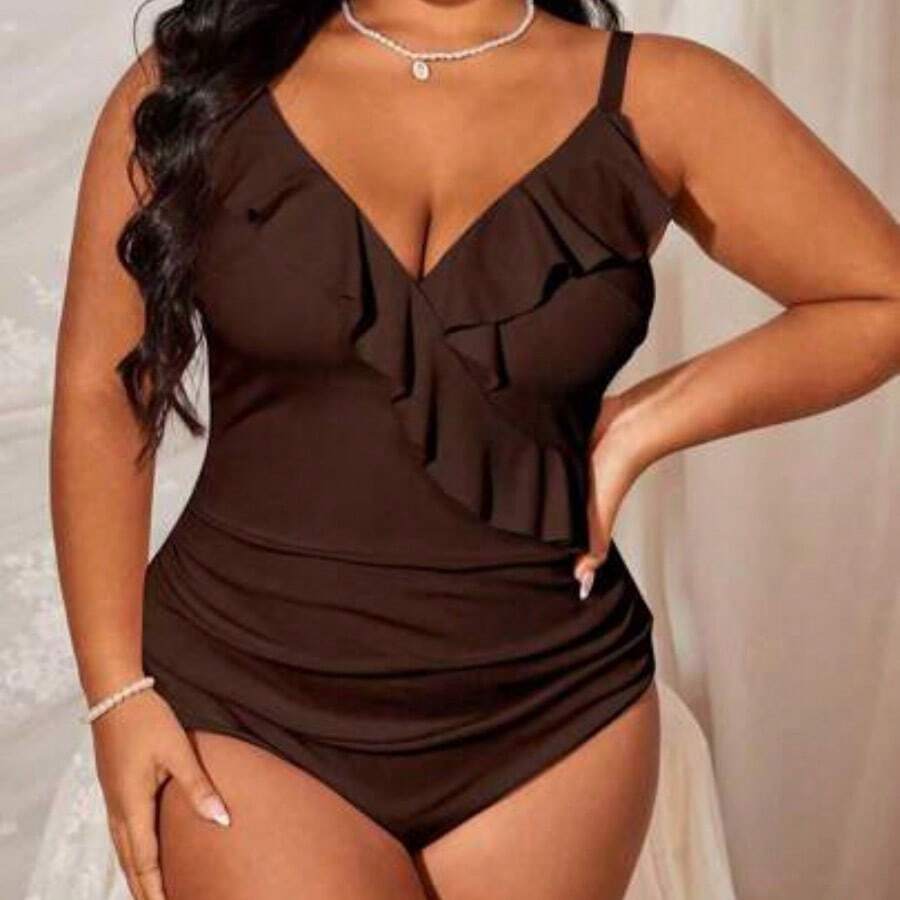 Swim Lushoire Plus Size Women's Plain Simple Daily One-Piece Camisole Summer - Marrón - Ver 1