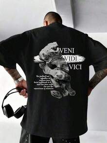 Camiseta de algodón de manga corta negra con estampado de retrato de escultura abstracta para hombres DA8T - Negro - Ver 3