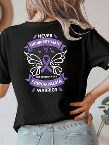 Fibromyalgia Awareness Support T-Shirt, 220 G/M² Cotton T-Shirt With Double-Sided Print, Round Neck, Casual Style For Women (1 Piece) - 黑色 - 查看 4