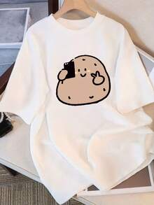 Camiseta Pura para Mujer Manga Corta Diseño de Nicho y Estampado 2025 Verano Nuevo Top Holgado de Manga Media y Ajustado para Mujer - Blanco - Ver 1