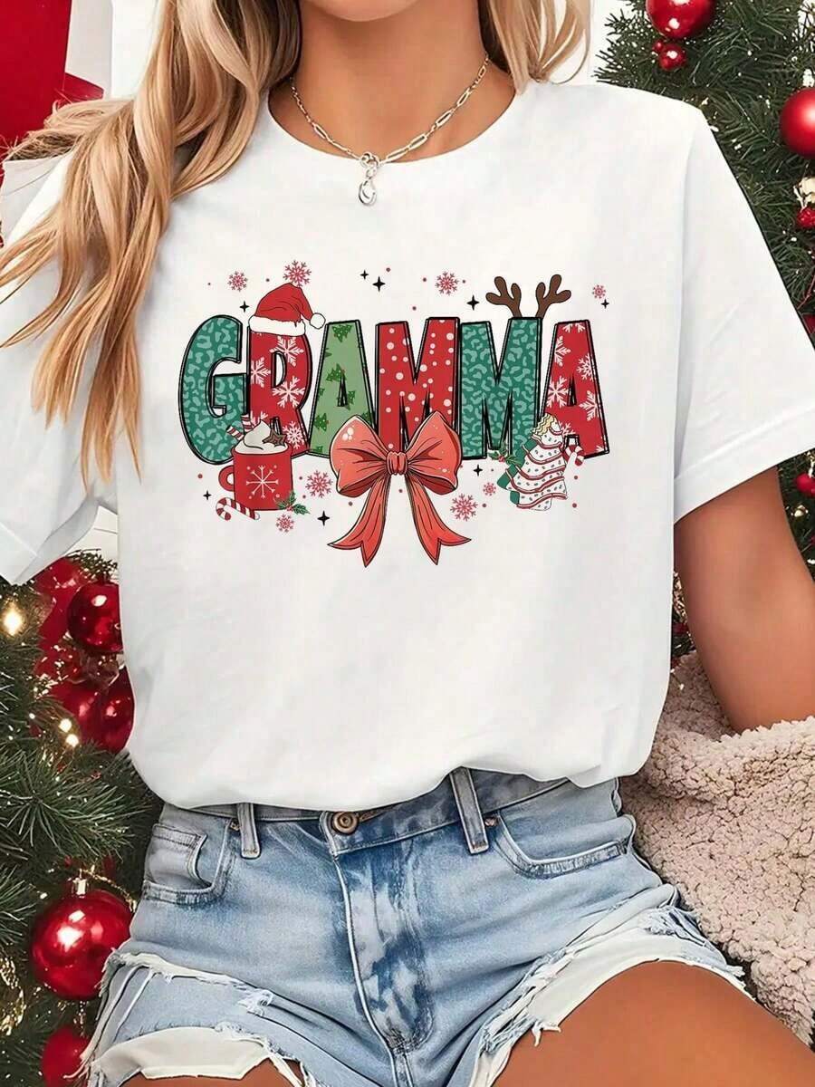 Camiseta a juego de Navidad con lazo coqueta, abuela, Papá Noel y reno - Blanco - Ver 1