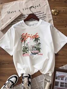 Camiseta de Manga Corta con Paisaje Urbano Retro y Frase "Carolina",Camiseta de manga corta de moda para primavera y verano de 2026, hecha en México, 180 gramos. Estampado de dibujos animados, modelo de pareja, apta para uso interior o exterior. Cuello redondo, unisex, ideal para oficina y ocio. Paquete de una pieza. - WH-P631577SLNDXZGY387 - Ver 4