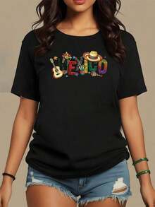 Printed With The Word Mexico Formed By A Guitar, Hat, Flowers, And Cactus, Celebrating The Joy And Culture Of The Country. Women's T-Shirt, 100% Soft And Comfortable Cotton. - 黑色 - 查看 9