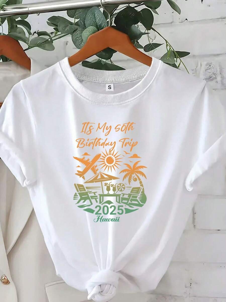 Camiseta manga corta cuello redondo 100% algodón, estampado trendy, tejido ligero y ventilado, estilo moda casual, apta para vida diaria, salidas informales y citas en primavera, verano y otoño - Blanco - Ver 1