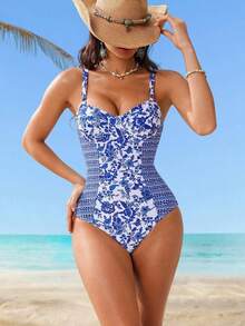 Traje de baño de una pieza con control de abdomen, con cordón, espalda descubierta, a rayas azul y blanco, con efecto push-up, para playa, resort y fiesta - Azul - Ver 4