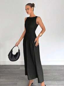 Nuevo vestido largo de verano con corte en la cintura y diseño fruncido, estilizador - Negro - Ver 4