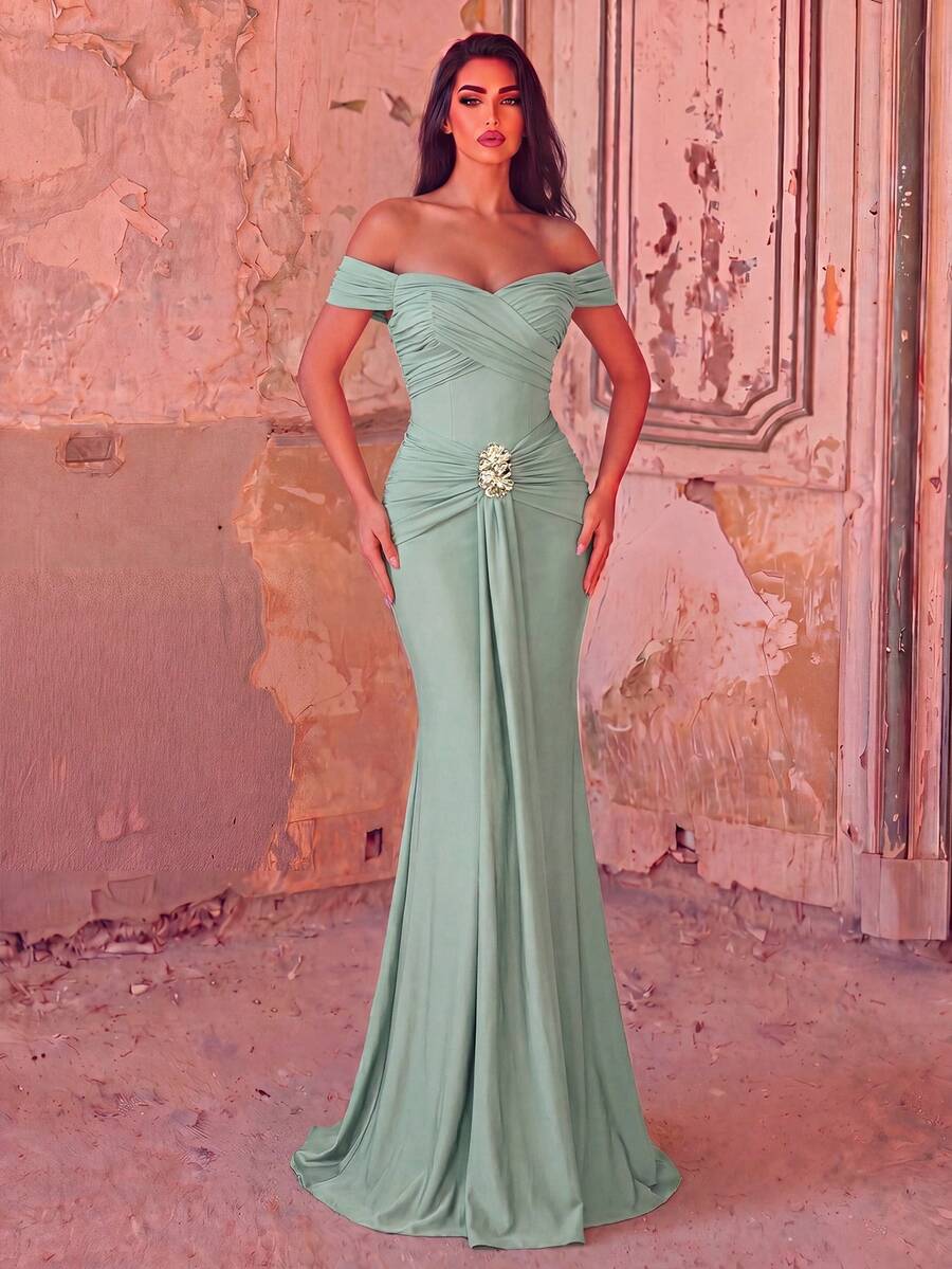 Faeriesty Vestido de noche elegante con diseño de volantes off-shoulder - Adecuado para citas, fiestas, cenas formales, bodas y otras ocasiones especiales - verde menta - Ver 1