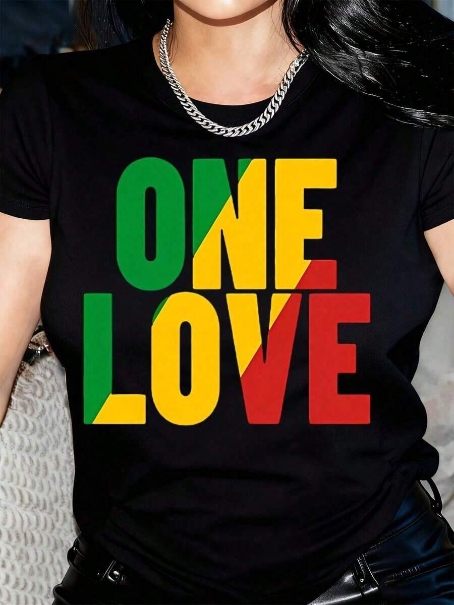 Y2K Women's Crew Neck T-Shirt With Multicolor "ONE LOVE" Print - Soft Blend Fabric, Casual Top For All Seasons, Ideal For Casual And Festive Outfits - Eye-Catching Unisex Style T-Shirt. | Exquisite Design | Loose And Comfortable | Easy To Match | - 黑色 - 查看 1
