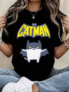 Camiseta de Warner Bros Catman Blanca Casual de Corte Holgado con Estampado Gráfico de Gato y Texto Amarillo |   Diseño exquisito |   Suelto y cómodo |   Fácil de combinar | - Negro - Ver 8