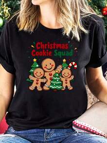 Women's Summersummer T-Shirt With Christmas Cookie Cluster Print - Short Sleeve, Round Neck, Casual Style, Festive Gingerbread Print, Semi-Sheer, Comfortable For All Seasons, Machine Washable Festive Clothing, Lightweight Design, Comfortable Casual Wear, Y2Y Spring Sets For Women, Summer Clothes, Summer T-Shirts, Tops | Exquisite Design | Loose And Comfortable | Easy To Match | - 黑色 - 查看 8