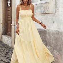 PariChic Women's French Style Vacation Spaghetti Strap Frill Trim Waist Fitted Long Textured Yellow Dress, Spring/Summer Yellow Maxi Dress Women Women Vacation Dress Yellow Sundress Women Long Sundress - Amarillo - Ver 1