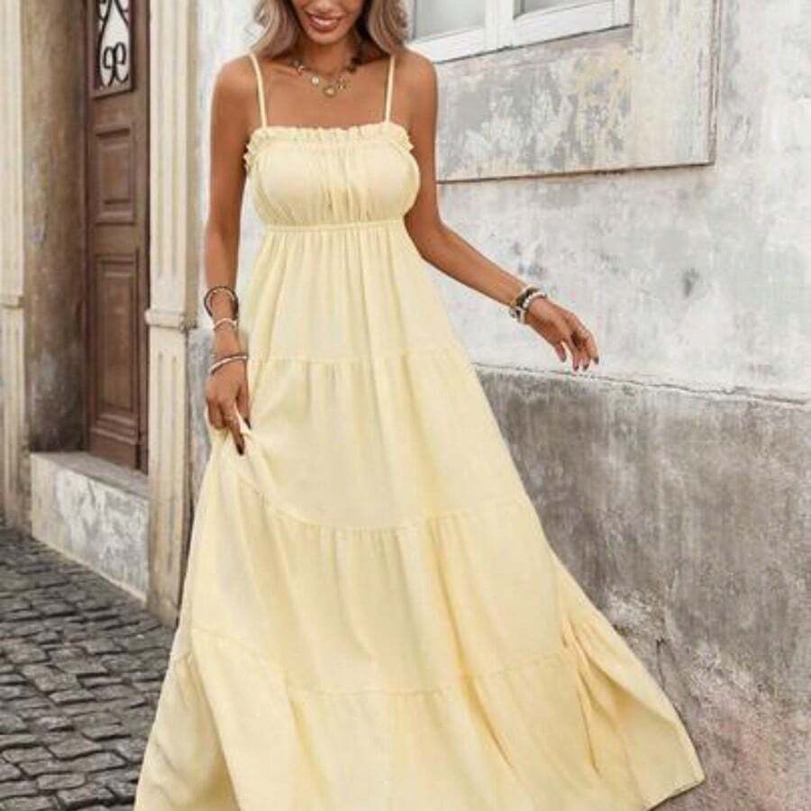 PariChic Women's French Style Vacation Spaghetti Strap Frill Trim Waist Fitted Long Textured Yellow Dress, Spring/Summer Yellow Maxi Dress Women Women Vacation Dress Yellow Sundress Women Long Sundress - Amarillo - Ver 1