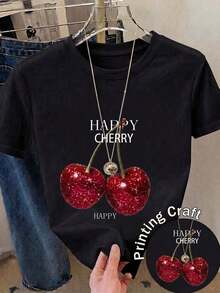 Camiseta de Verano para Mujer, Casual, de Cuello Redondo y Manga Corta con Estampado de Cerezas Alegres, Corte Regular, de Poliéster para Estilo Diario, Tallas Grandes para Salidas y Ropa Urbana, Unisex. - Negro - Ver 12