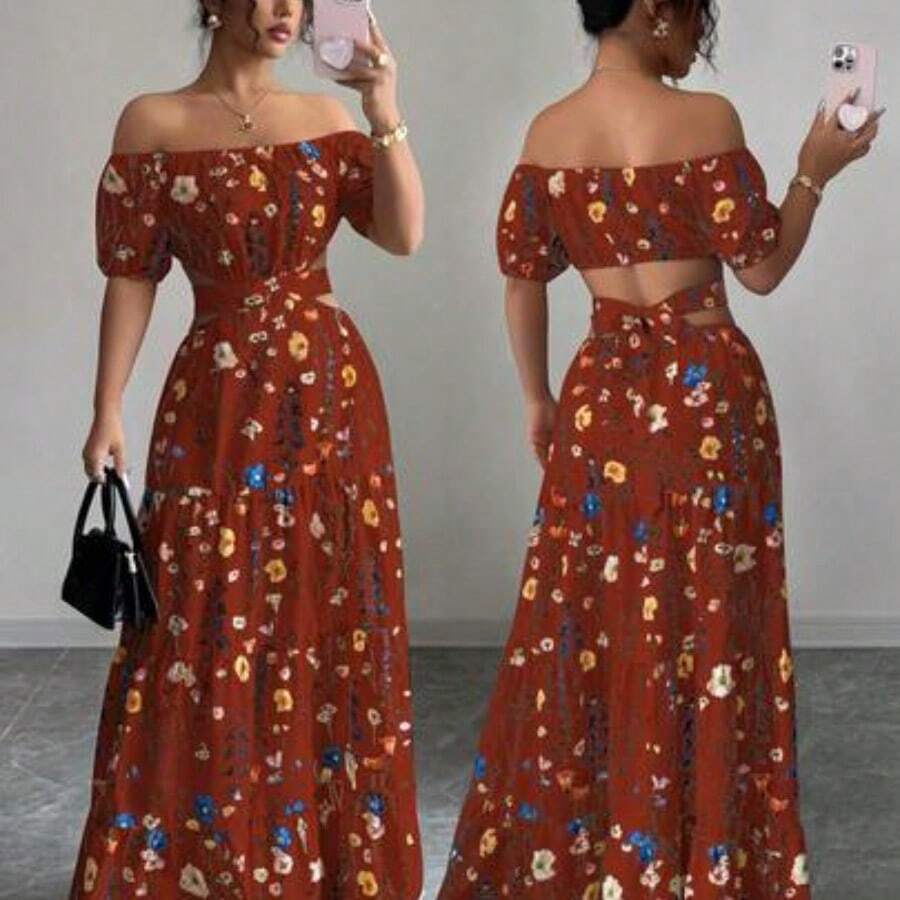Elenzya 1pc Women's Backless Off Shoulder Strappy Elegant Long Dress - Burdeos - Ver 1