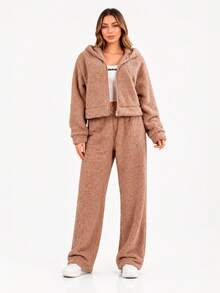 Women's Winter Plush Teddy Fashion Casual Comfortable Set – Hooded Jacket + Warm Pants - Lạc đà - Xem 1