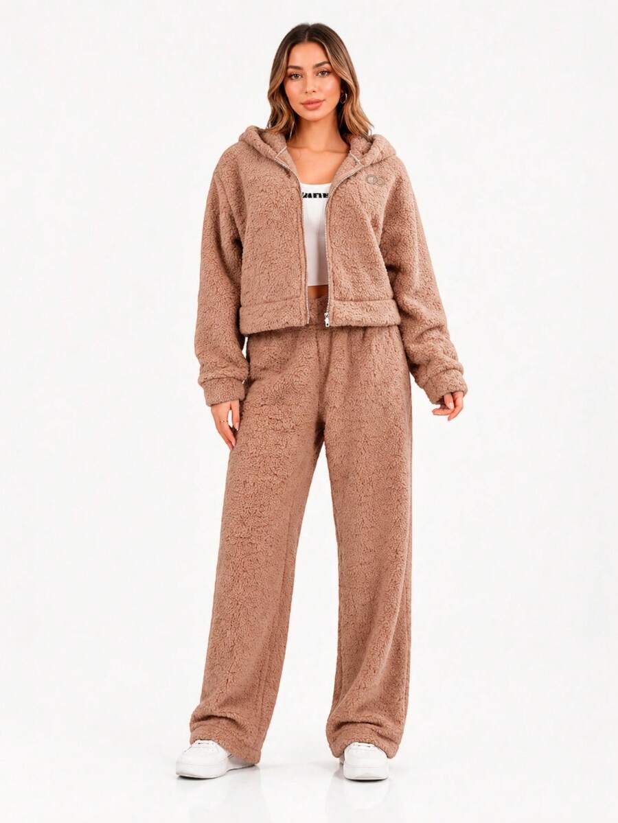 Women's Winter Plush Teddy Fashion Casual Comfortable Set – Hooded Jacket + Warm Pants - Lạc đà - Xem 1
