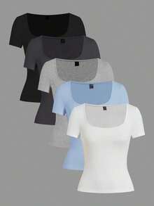 Set de 3 camisetas de punto para mujer, multicolor, camisetas básicas de primavera/verano para mujer, tops ajustados básicos, paquete de tops básicos, tops básicos para mujer, tops de ajuste ceñido, tops básicos, tops de mujer de cuello cuadrado, tops de verano para mujer, tops de manga corta para mujer, tops de verano para mujer, camisetas de mujer - Multicolor - Ver 12