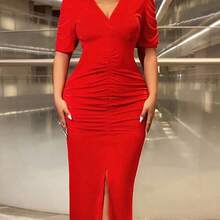 Cravure Plus Size V-Neck Short Sleeve Ruched Fitted Charming & Elegant Split Hem Dress For New Year Clothes Maxi Women Outfit Prom - Rojo - Ver 7