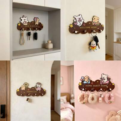 Móc treo tường chịu lực cao, không cần khoan, hình động vật hoạt hình và đám mây, 4 móc, giá treo tường có keo dính chắc chắn, thích hợp để treo chìa khóa, túi xách, áo khoác.