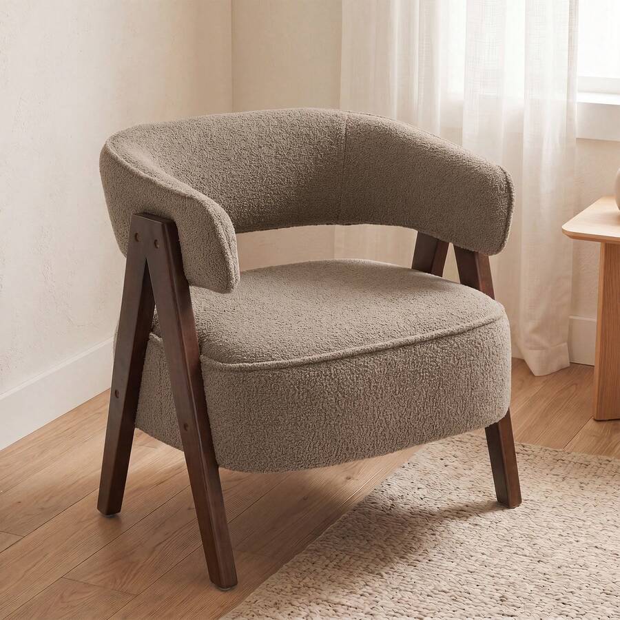 HOMCOM Modern Tub Chair, Sherpa Fleece Accent Chair, Upholstered Armchair With Solid Wood Legs And Steel Frame For Living Room Bedroom, Light Brown - Brown - View 1