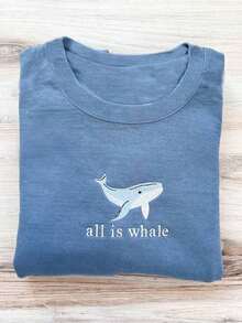 Camiseta Personalizada de Verano 2026, Top Azul Claro, Top Bordado con Ballena, Camiseta 100% Algodón, Camiseta Casual, Top Kawaii, Camiseta Minimalista, Camiseta de Manga Corta - Camiseta de Algodón Holgada de Manga Corta y Cuello Redondo Estilo Vintage Urbano - Azul - Ver 7