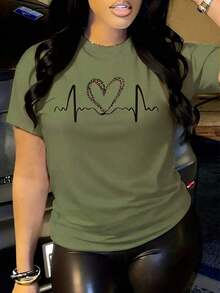Camiseta de mujer de verano con mangas cortas, diseño impreso simple y cuello redondo - Verde militar - Ver 5