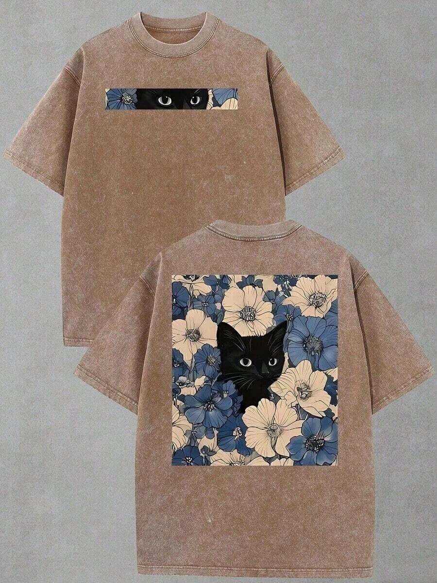 Summer Clothes 2026 (230g T-Shirt) Men's Plus Size Washed Cotton Christian T-Shirt With Floral Print "Faith Over Fear", Soft Casual Short Sleeve, Breathable Retro Streetwear And Gift. Loose And Comfortable Summer T-Shirts (Retro Style, Heavyweight, Unisex). - 咖啡棕色 2 - 查看 1