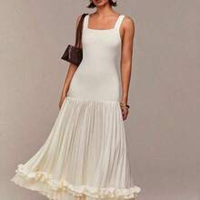 Sleeveless Square Neck Design, Knit Elastic Fabric Patchwork, Pleated Design, Ruffle Trim Detail, Extra Long Women's Dress, Suitable For Parties, Gatherings, Weddings, Spring Festival, Valentine's Day, Dates, Apricot Color, Summer Dress, Wedding Guest Dress, Romantic Dress - Albaricoque - Ver 3