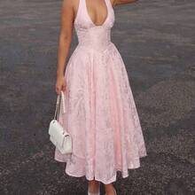 Elegant Date & Resort Romantic Textured Print V-Neck Waisted Flare Midi Dress Party Summer - Beis - Ver 4