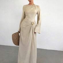 Women's Solid Color Twist Detail Front Metal Buckle Decor Flare Long Sleeve Dress, Ladies' Wedding Guest Dress, Women's Winter Formal Dress - Marrón Mocha - Ver 2