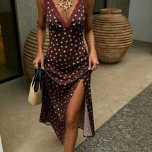 PariChic 2026 New Arrival Women's Polka Dot Satin Slip Dress With Lace Trim, V Neck Sleeveless Split Hem Maxi Dress, Elegant Spring Summer Vacation Date Night Long Dress For Women - Marrón - Ver 11
