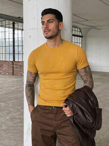 Men's Casual Slim Fit T-Shirt, Basic Dressy Style - 黃色 - 查看 2