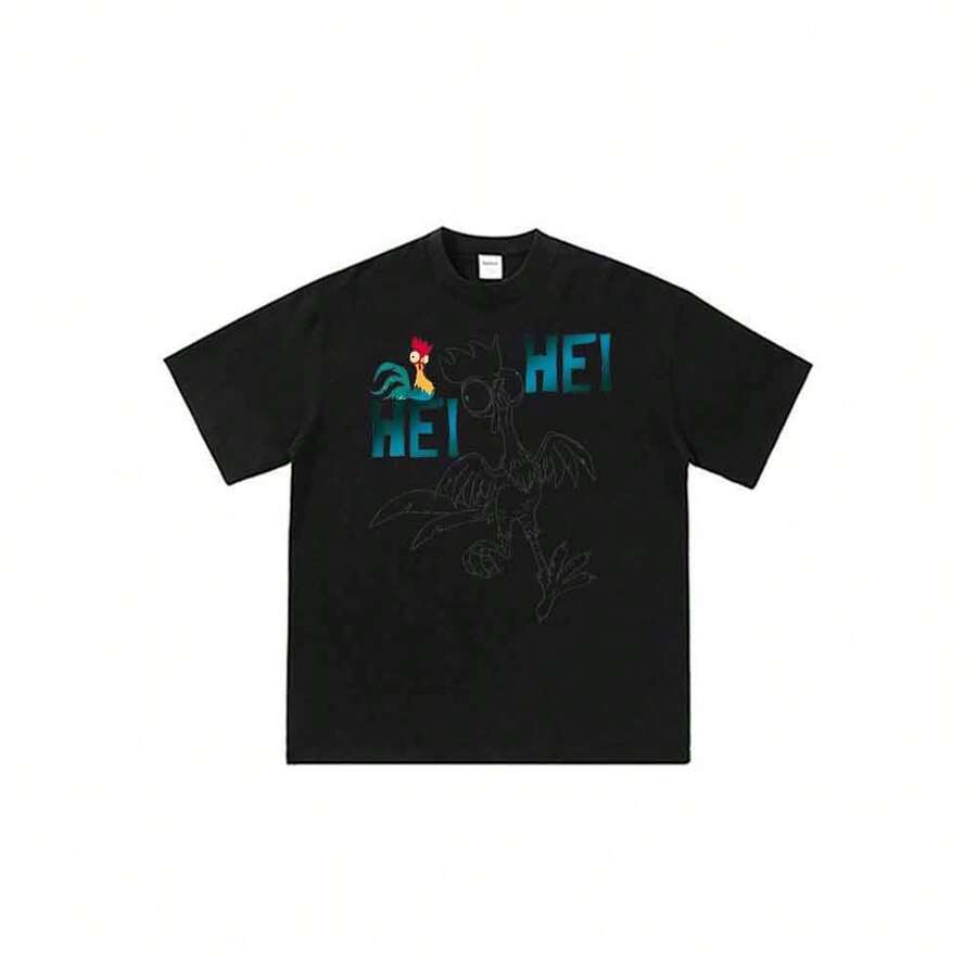 Disneyss-Moanas-Hei-Hei-Chicken-Art Unisex Anime Cartoon Graphic Print Short Sleeve Tee Summer Casual T-Shirt - 黑色 - 查看 1